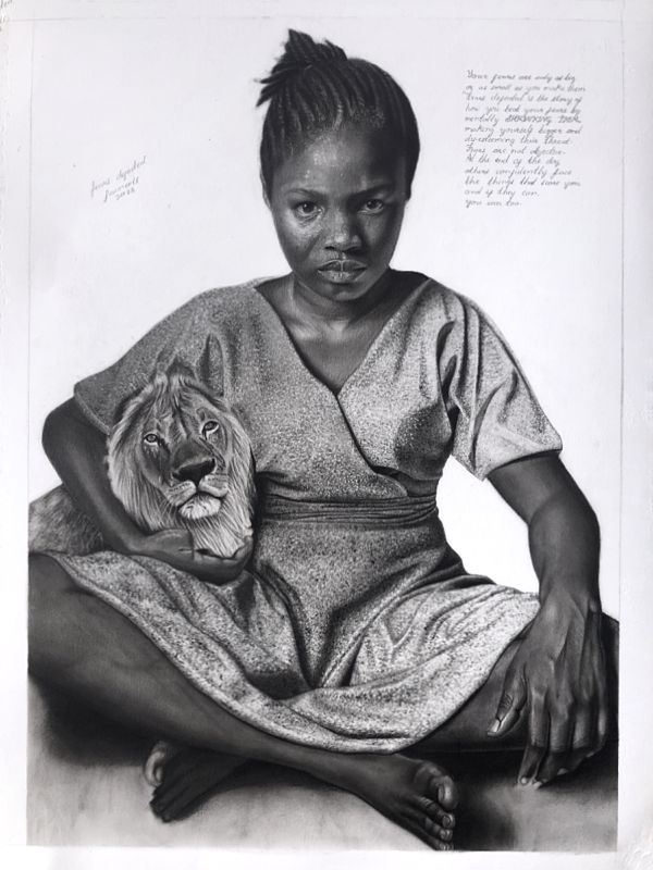 A charcoal drawing titled 'fears defeated'