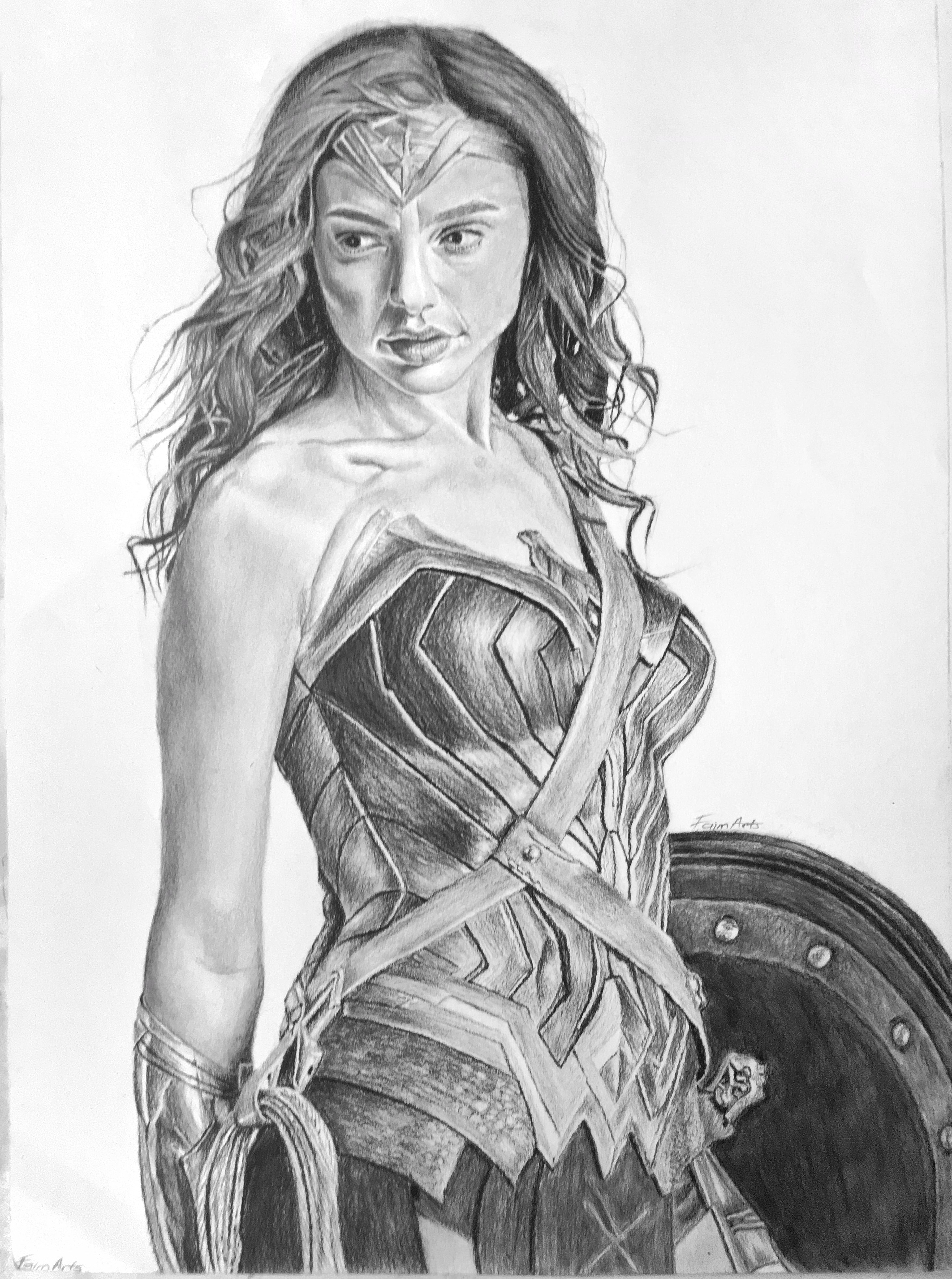 A graphite and charcoal pencil drawing depicting Gal Gadot as wonder woman