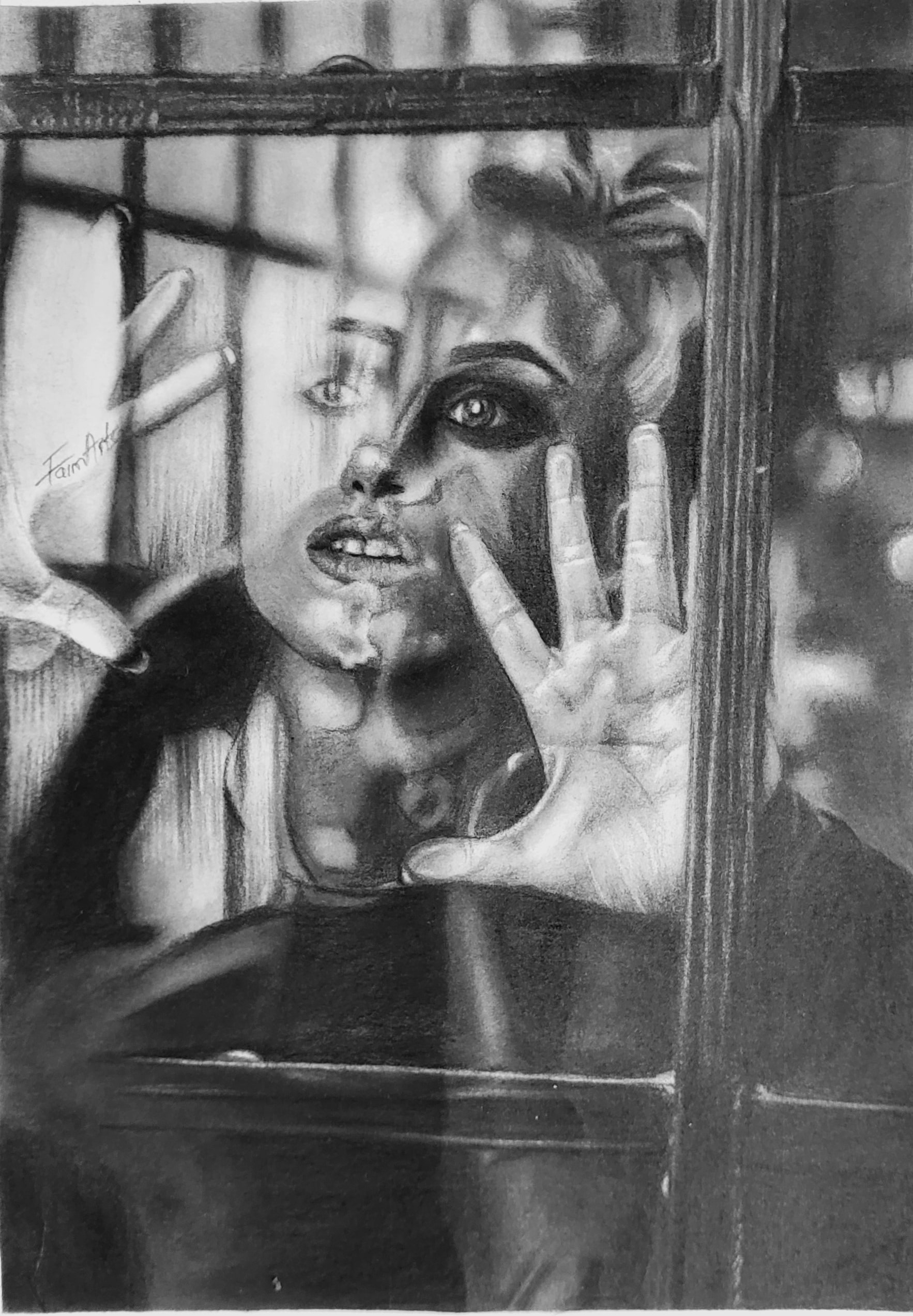 a pencil drawing titled trapped'